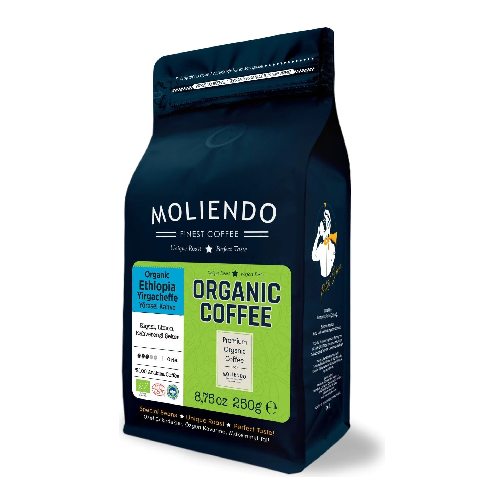 Moliendo Organic Ethiopia Yirgacheffe Yöresel Kahve 250 g (Çekirdek)